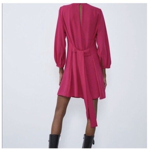 Zara Mini Dress Women Size S Fuchsia Long Balloon Sleeves Tunic Tie Waist - Picture 4 of 15